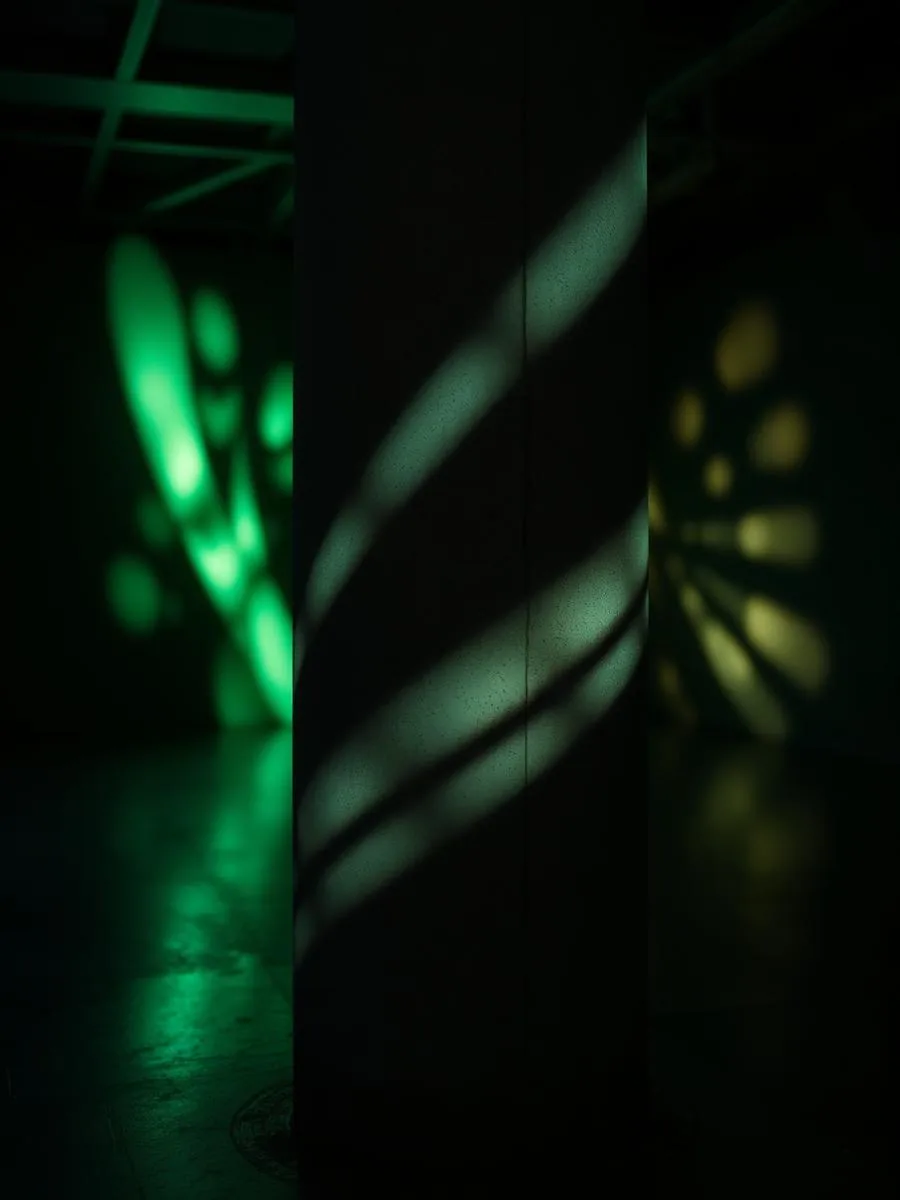 Instalação de luz verde e âmbar projetada num pilar de betão